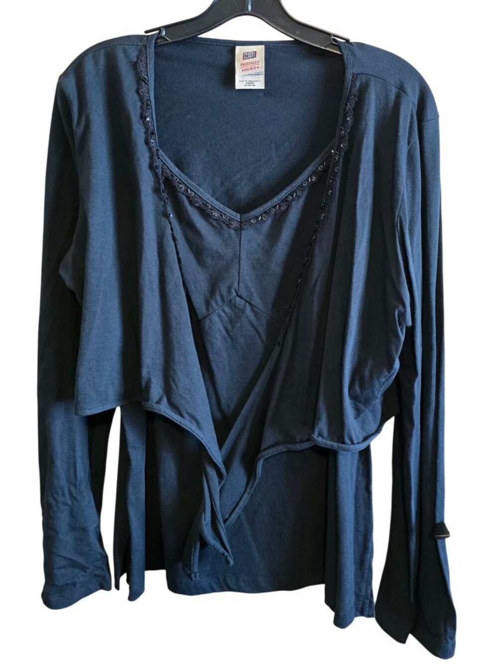 Vintage Faded Glory Navy Knit Draped Wrap cropped Cardigan & tank / cami
